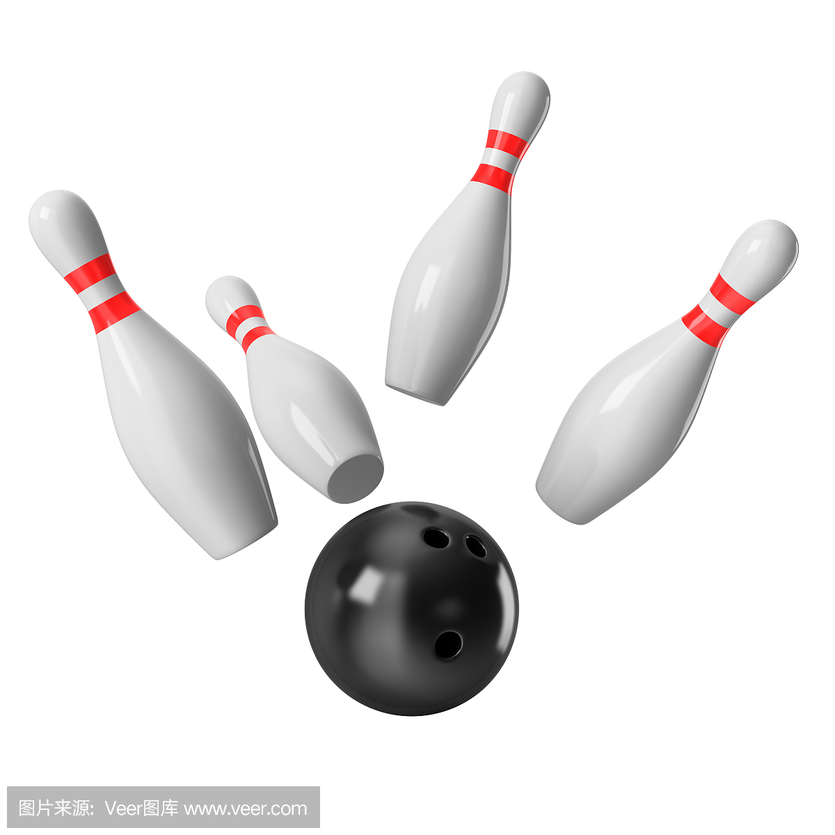 白色背景上的保齡球撞到木瓶上